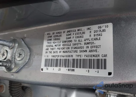 2010 Honda Accord 2.4 Lx z USA, uszkodzony, nr VIN 1HGCP2F37AA160878